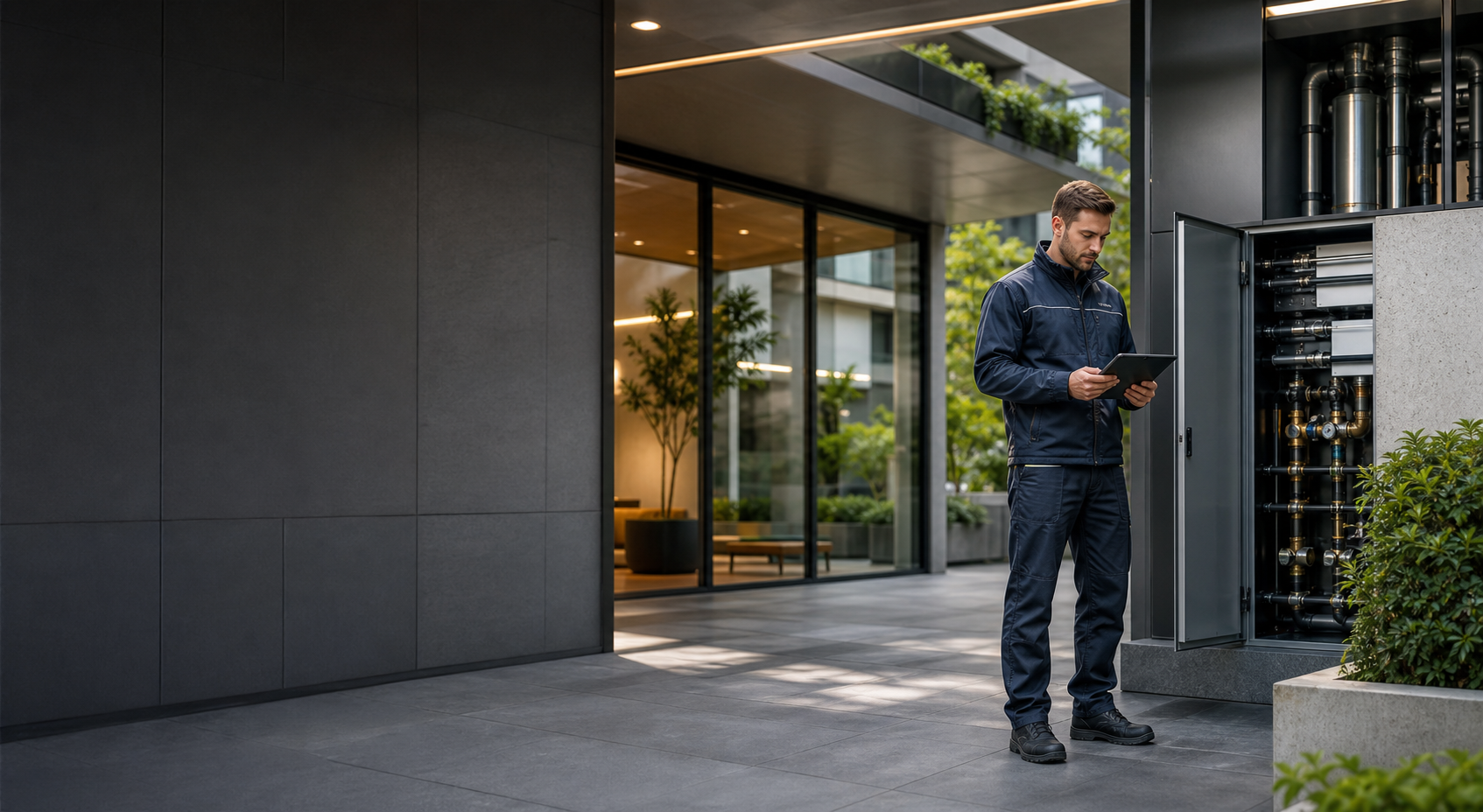 Gestionnaire technique inspectant un bâtiment moderne